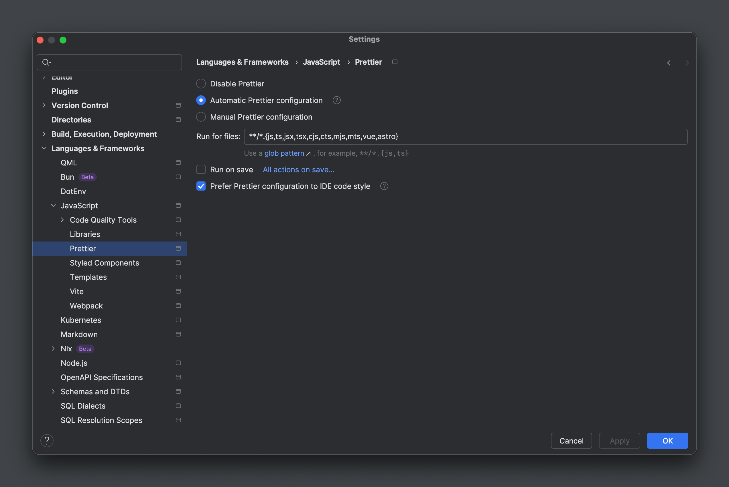 WebStorm settings Prettier